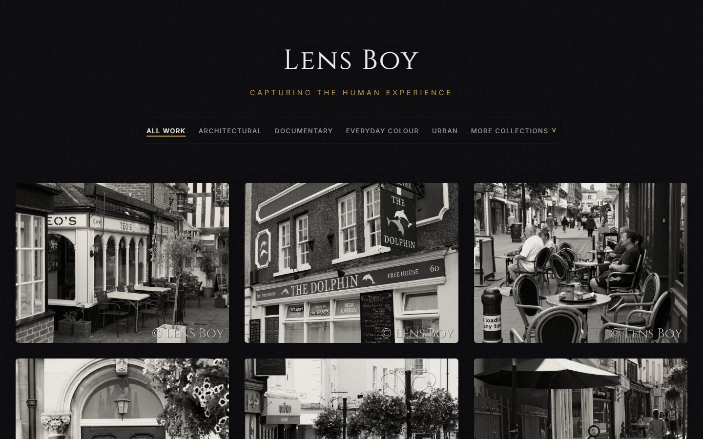 The Lens Boy home page, with collection filters above a grid of street photographs